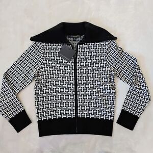 Marc New York XS Basketweave Knit Full Zip Sweater Ivory Black Mock Neck NWT $69